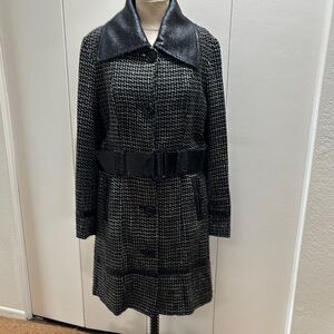 Vertigo Paris Black and White Trench Coat with Faux Leather Belt, Trim, Collar